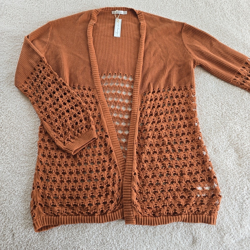 Another Love Open Front Crochet Knit Cardigan Rust Terracotta Boho-chic Sz L NWT
